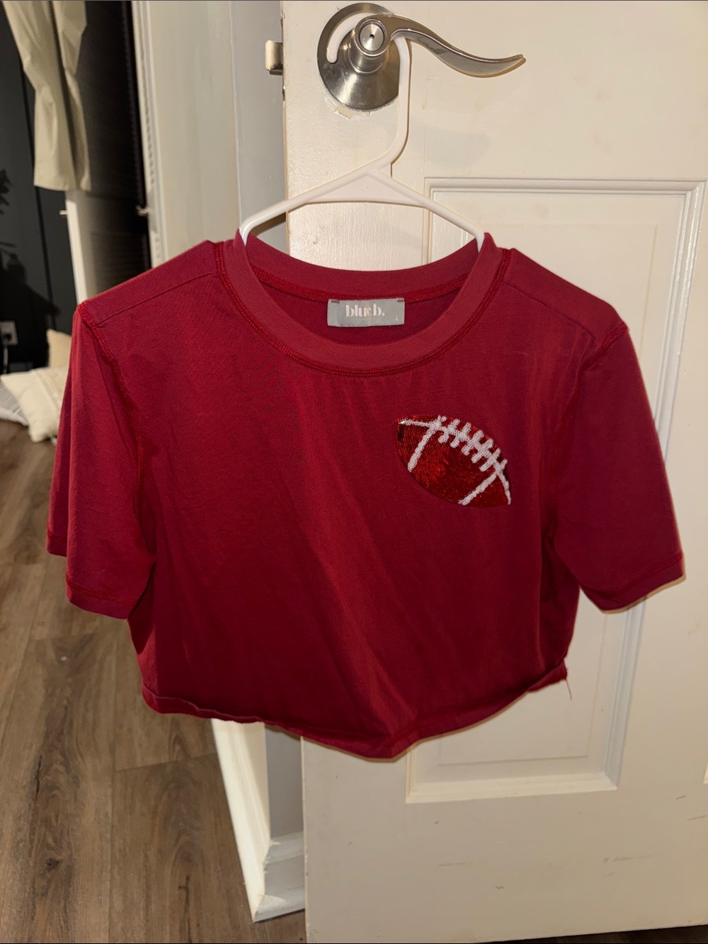 Women’s Red Football Sequin Cropped Tee